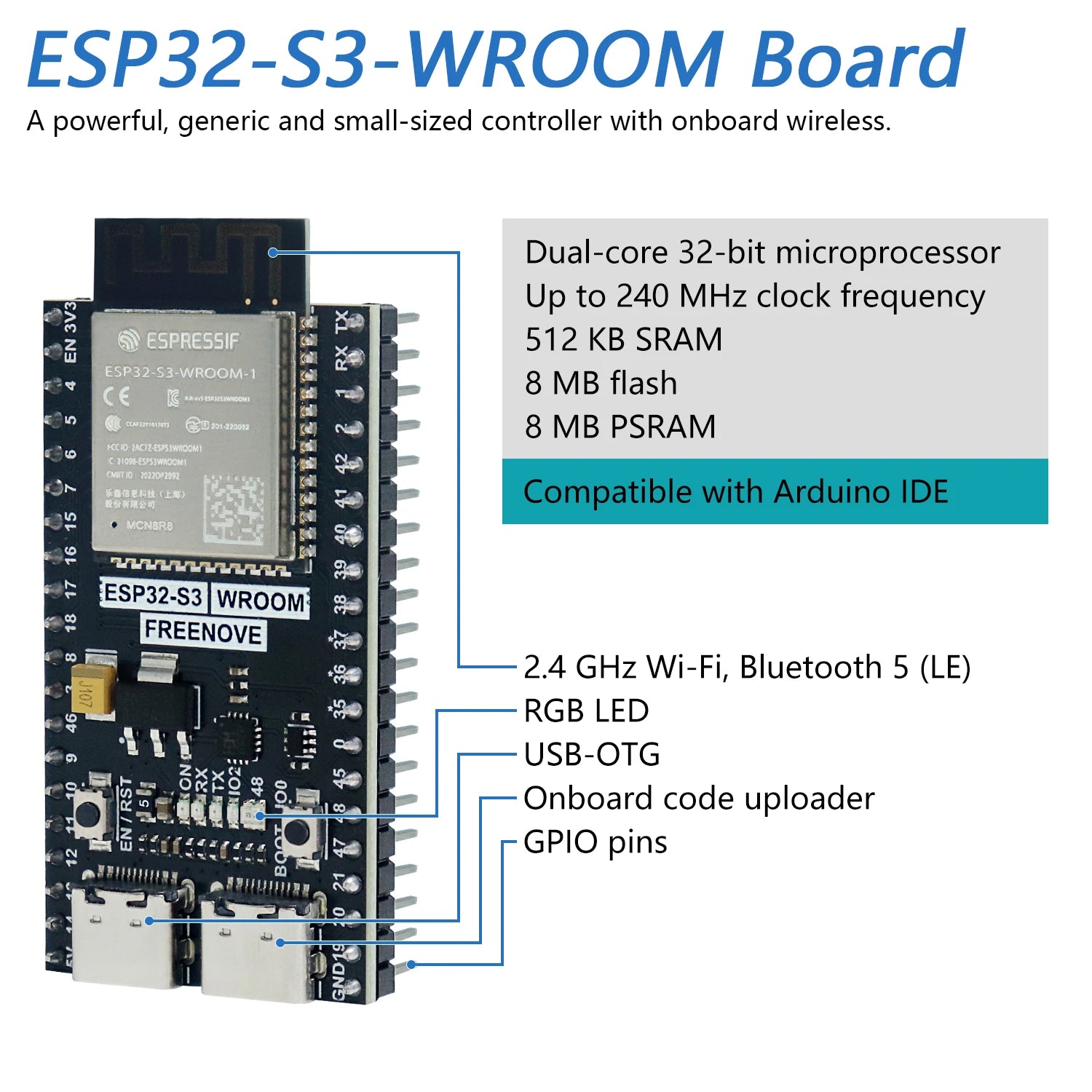 ESP32-S3 Wireless Development Kit From Freenove 240MHz Dual Core Chip C Python Demo Programs For Beginner Coding Projects Zpaxo