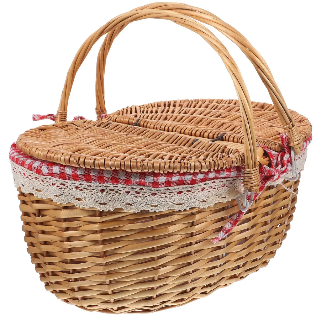 African Market Basket Handles Lid Wicker Woven Rustic Storage Bread