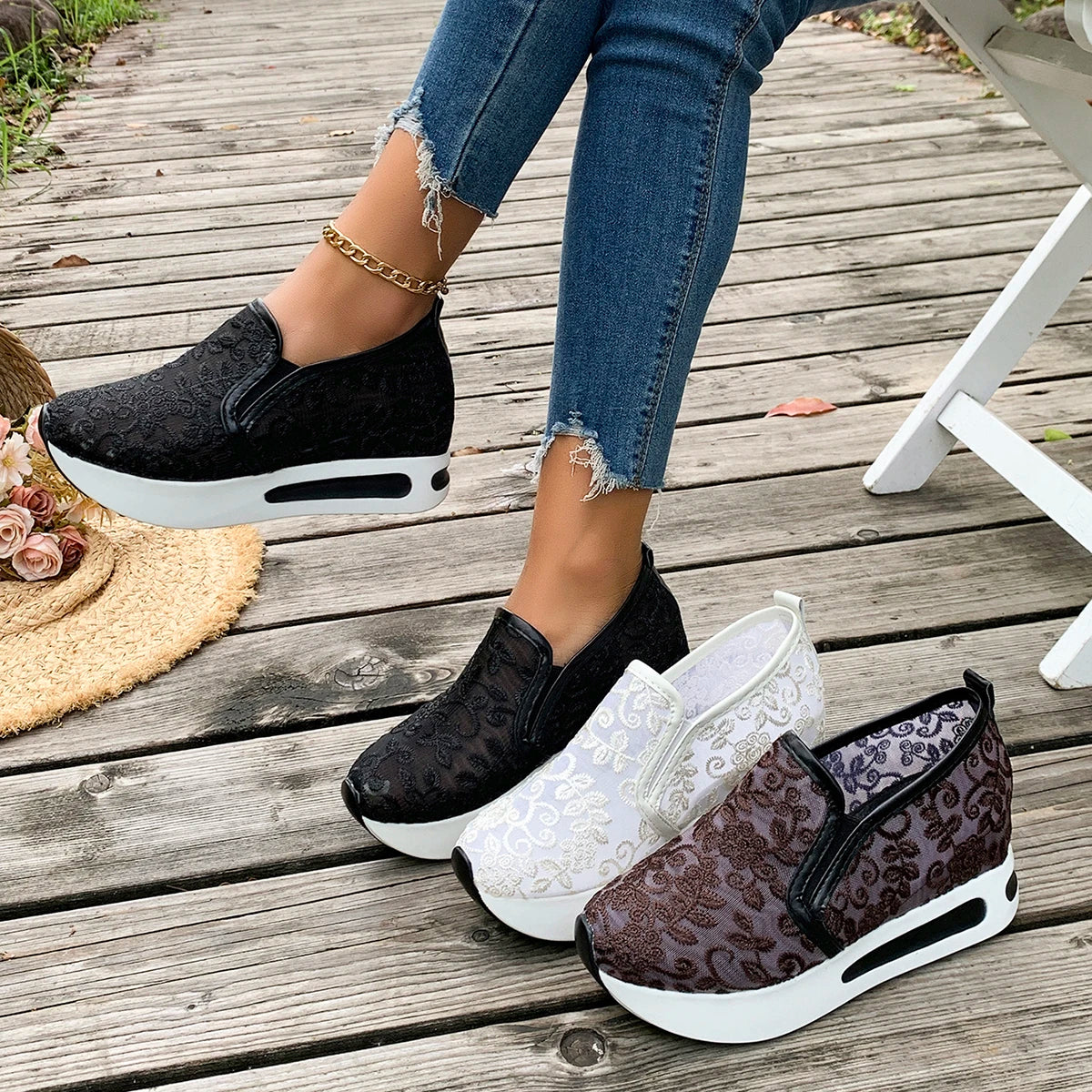 Women Sneakers Embroidery Platform Loafers Comfortable Trend Plus Size Women Shoes Mesh Lace Flats Slip on Wedge Female Shoes Zpaxo