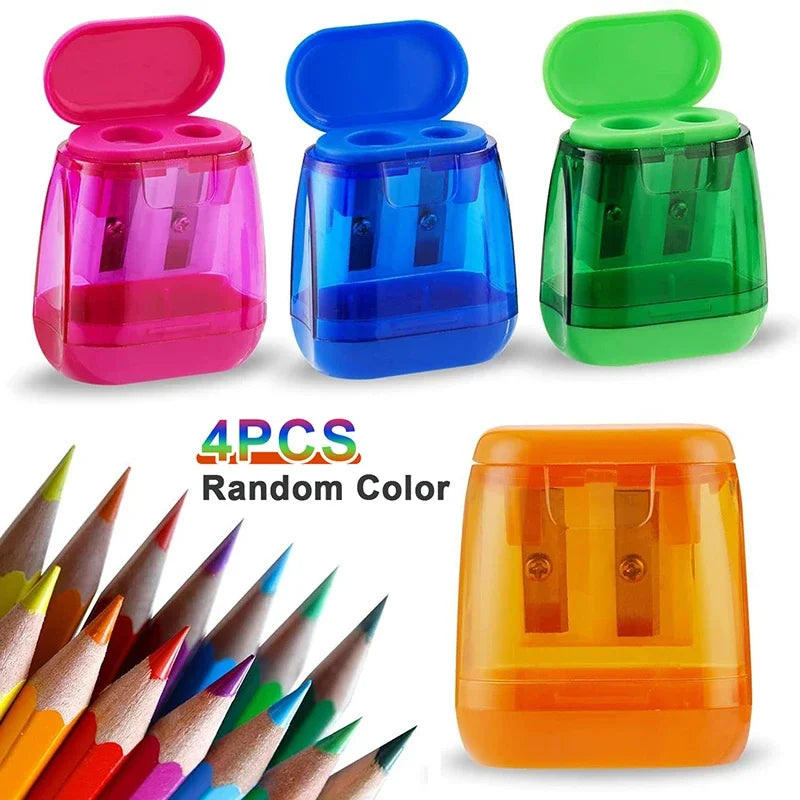 4PCS Dual-Hole Pencil Sharpeners With Lid And Shavings Container Portable Manual Sharpener Set For Colored Pencils Zpaxo