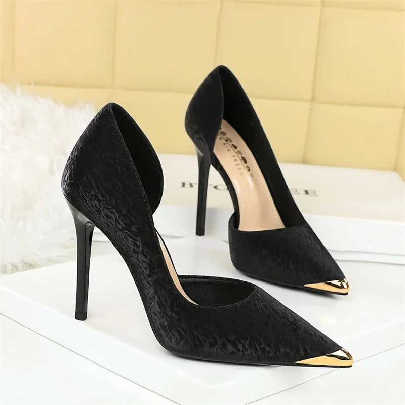 Pointed Toe Shallow Mouth Hollow Heels Women's Thin Iron Metal Zpaxo