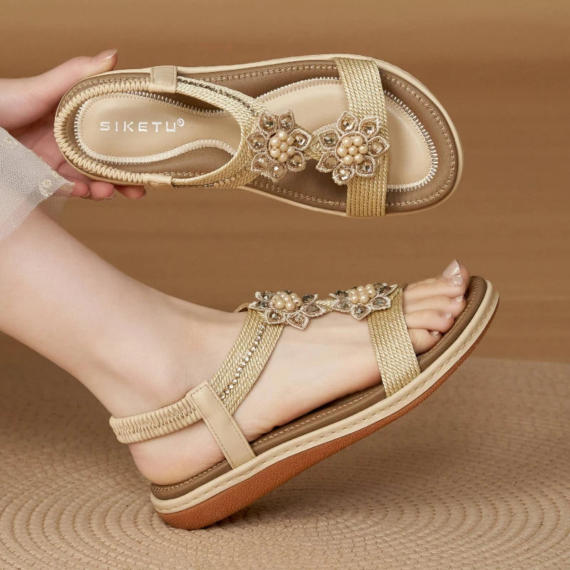 Rose Gold Woven Sandals Double Floral Beaded Rhinestone Accents Zpaxo