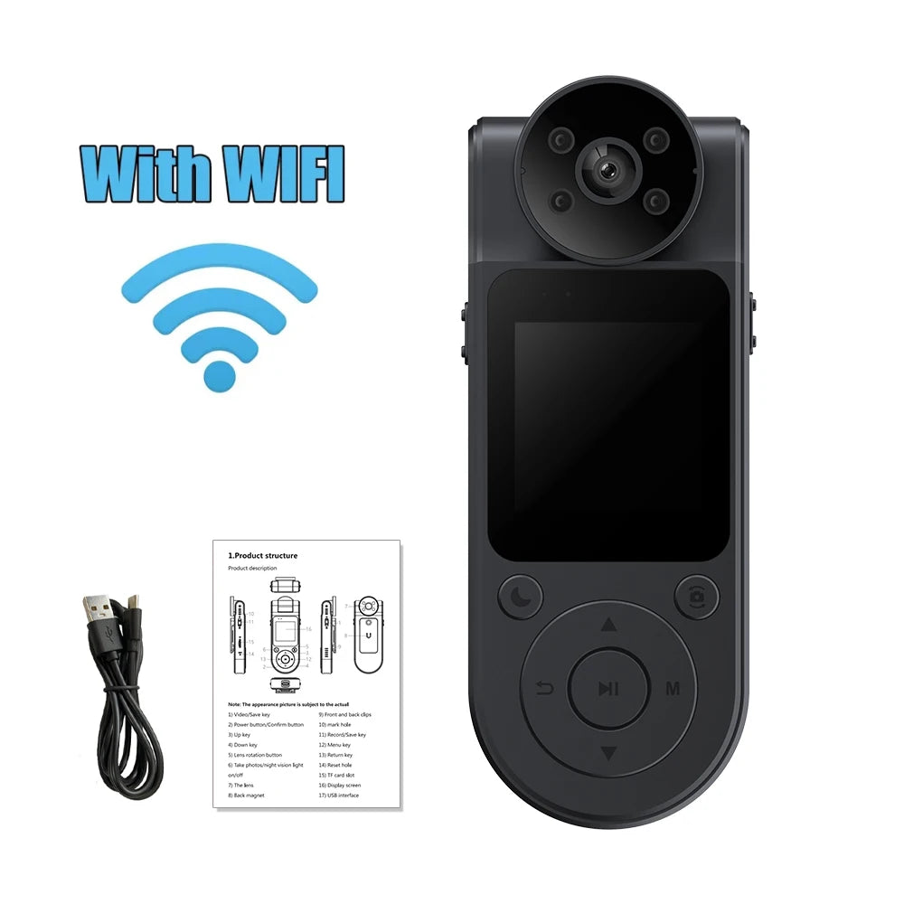 HD 1080P Mini Camera Bodycam 180° Adjustable Sports DV Camera Outdoor Law Enforcement Recorder Wifi Hotspot Night Vision Cam Zpaxo WIth WIFI Add 128GB