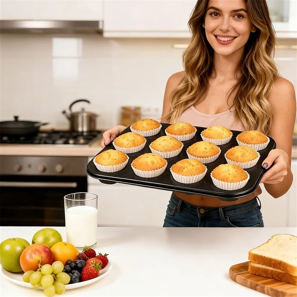4 6 12-Cavity Black Carbon Steel Non-stick Muffin Pan Baking Pans Zpaxo