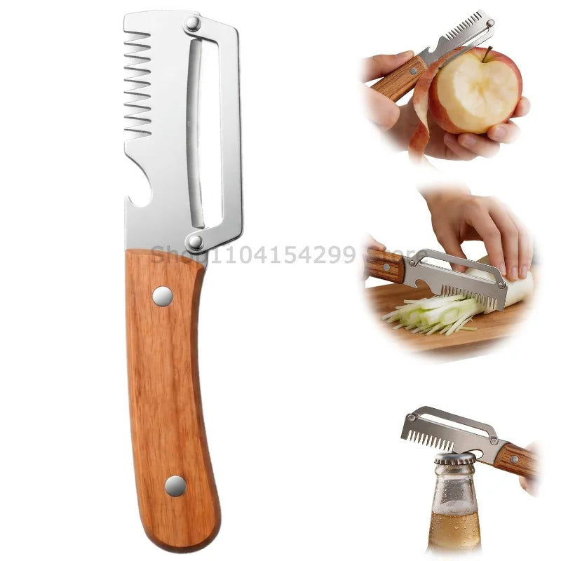Multi-purpose Peeler for Vegetables High Quality Kitchen Peeler with Sharp Knife Wooden Handle and Bottle Opener for Kitchen Zpaxo wood Slicer-1PCS