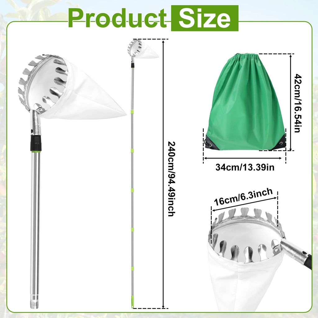 3.2M Fruit Picker Tool Metal Gardening Orchard Picking Tool with Storage Bag Fruit Catcher for Cherry Berry Orange Lemon Pear Zpaxo 2.4M Telescopic rod