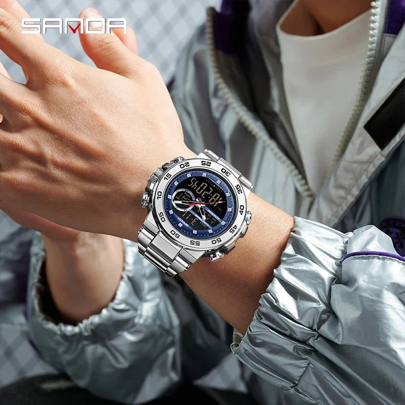SANDA Fashion Men's Electronic Watches Sports Multifunctional Waterproof Large Dial Three Pin Double Display Men's Wristwatches Zpaxo