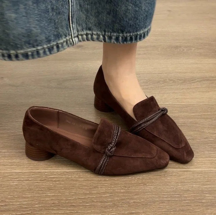 Loafers Women Square Toe 2026 Ladies Shoes Slip-on Vintage Buckle