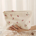 Hand Painted Cherry Corduroy Zipper Makeup Bag Lightweight Travel Toiletry Pouch Bohemian Style Cosmetic Organizer Zpaxo 1PC