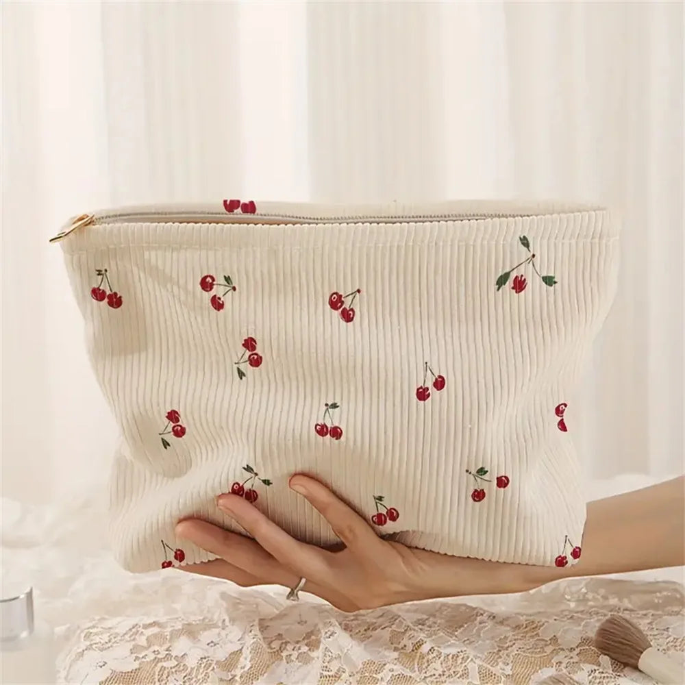 Hand Painted Cherry Corduroy Zipper Makeup Bag Lightweight Travel Toiletry Pouch Bohemian Style Cosmetic Organizer Zpaxo 1PC