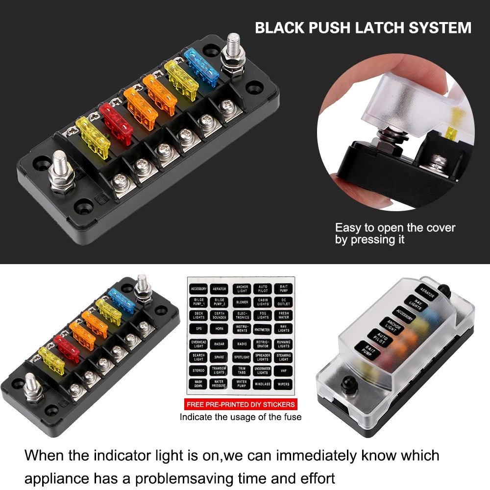 6 Ways 12 Blade Fuse Block Box Holder 32V 75A Auto Car Marine Trike