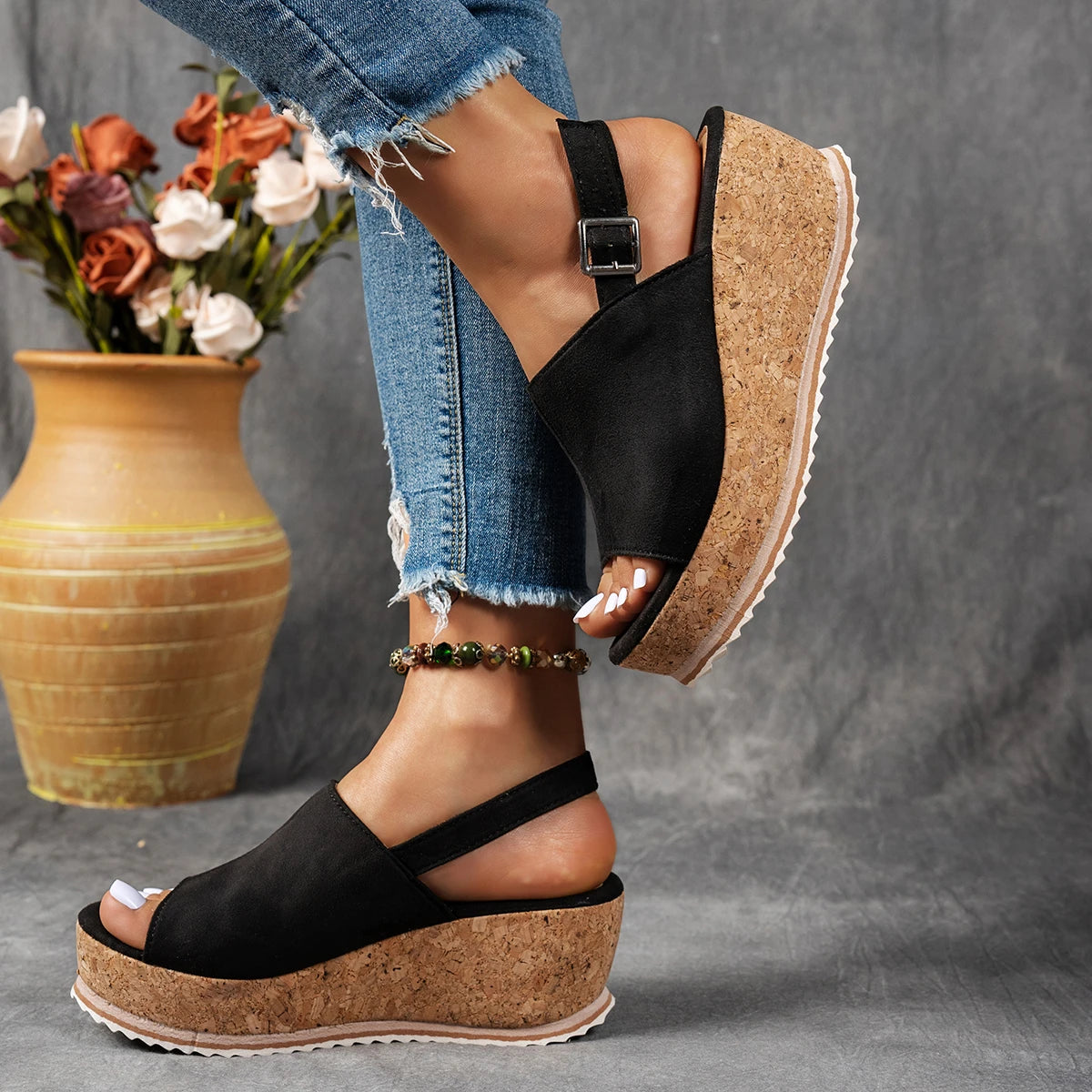 Women Buckle Decor Heel Wedge Sandal Mujer Pleated Leopard Sandals Zpaxo