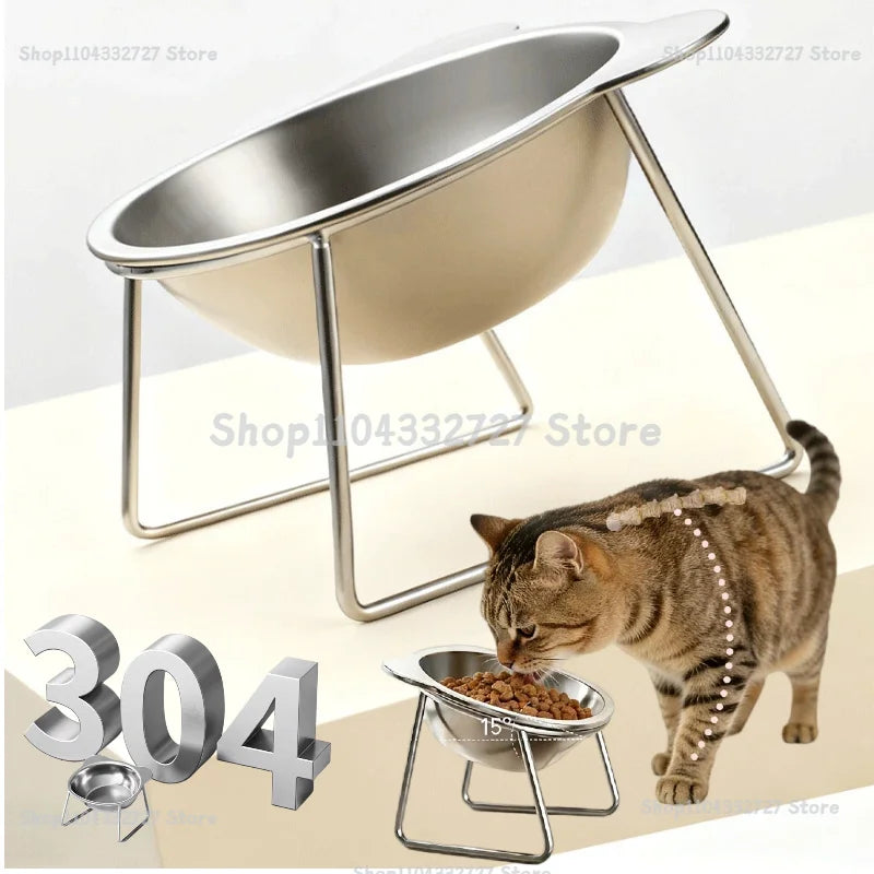 304 Stainless Steel Raised Cat Bowl 15° Tilted Neck Guard Shatterproof for Cats Puppies Healthy Feeding Pet Products Cat Feeder Zpaxo