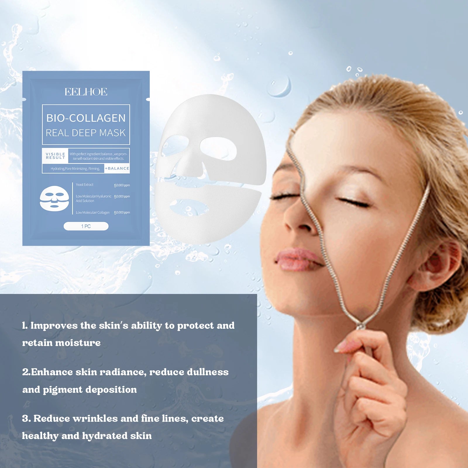 EELHOE 1-30PCS Bio Collagen Real Deep Mask Soluble Collagen Sheet Mask with Hydrolyzed Collagen Moisturizing Face Mask Skin Care Zpaxo