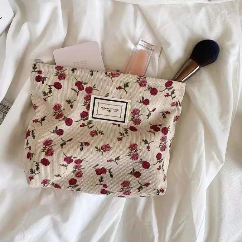 Korean Embroidery Floral Cosmetic Bag – Corduroy Makeup Pouch Travel Cosmetic Bag Zpaxo