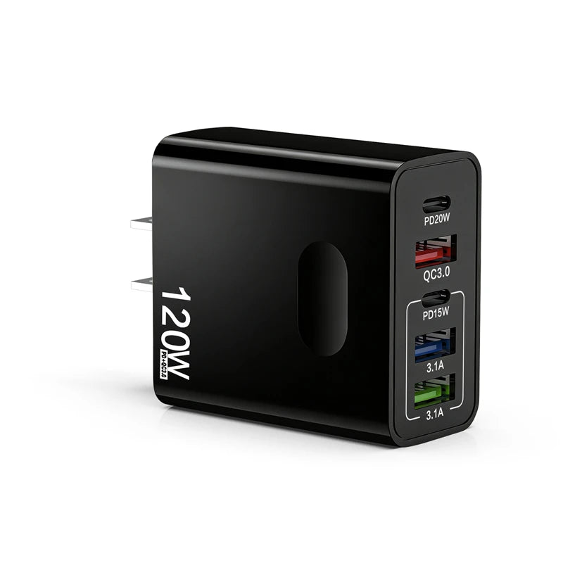 120W 5 Port USB Type C Charger Fast Charging Data Cable USB Phone Charger Adapter for Samsung iPhone Xiaomi Huawei Wall Charger Zpaxo US Black