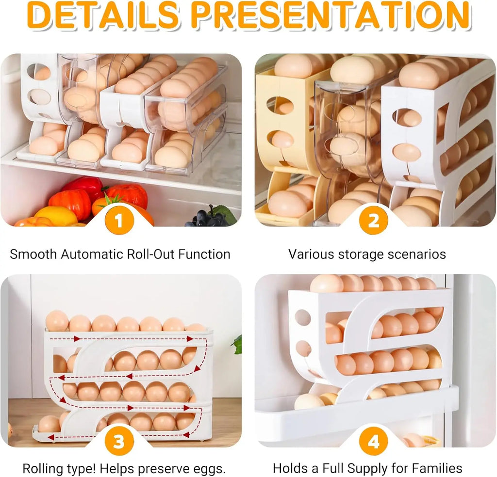 4-Tier Rolling Egg Holder – 18-Egg Auto-Feed Fridge Organizer