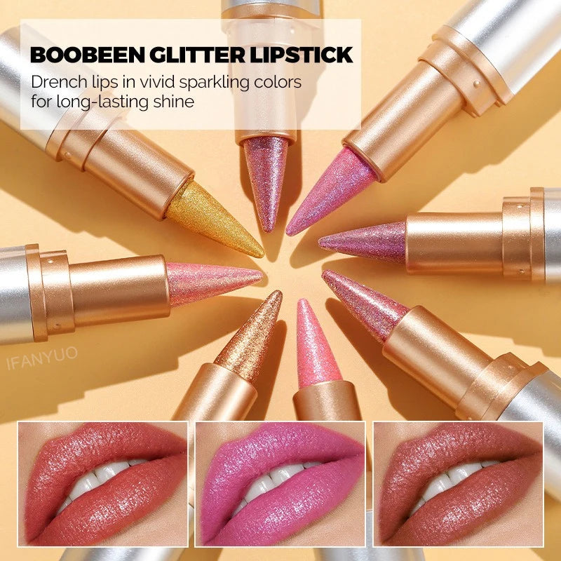 8 Colors Tapered Glitter Shiny Metallic Lipstick Pearlescent Lip Tint Lipliner Lasting Waterproof Easy Color Diamond Lipstick Zpaxo