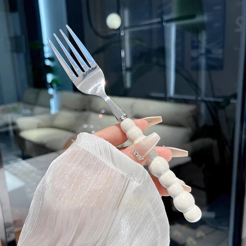 Pearl Handle Fork Stainless Steel Dessert Household Steak Pasta Salad Zpaxo White