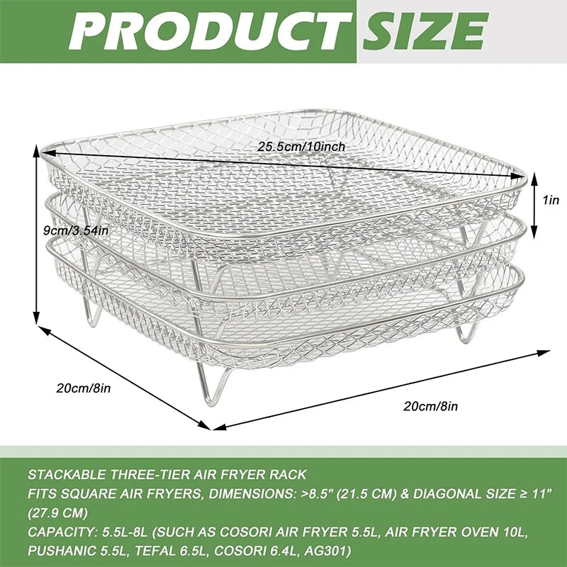 3-Layer Stackable Air Fryer Rack | 304 Stainless Steel Grill Air Fryer Rack Zpaxo 3-layers Square