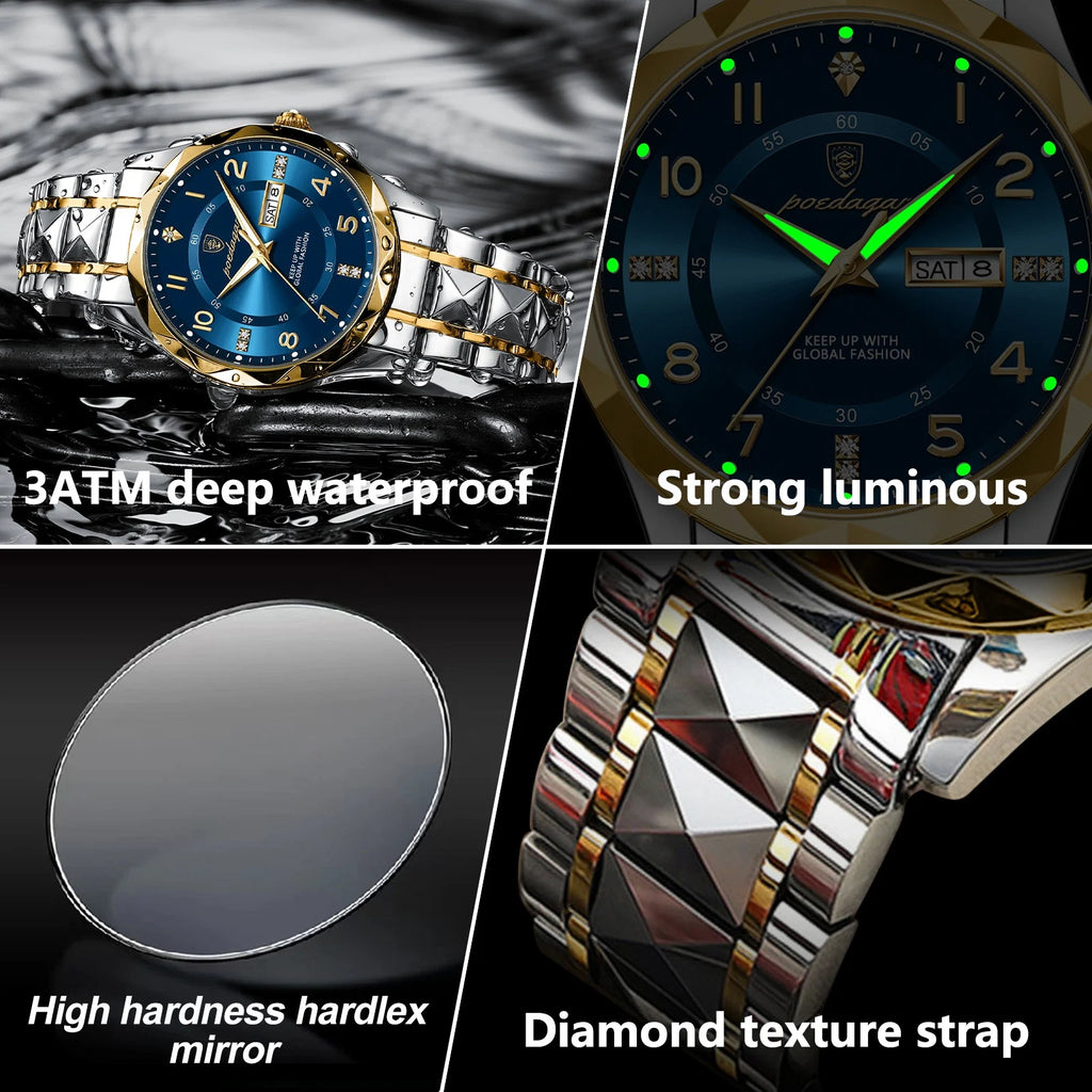 POEDAGAR Top Business Men Quartz Watch Waterproof Date Week Luminous Wristwatch Stainless Steel Fashion Men's Watches Man Clock Zpaxo