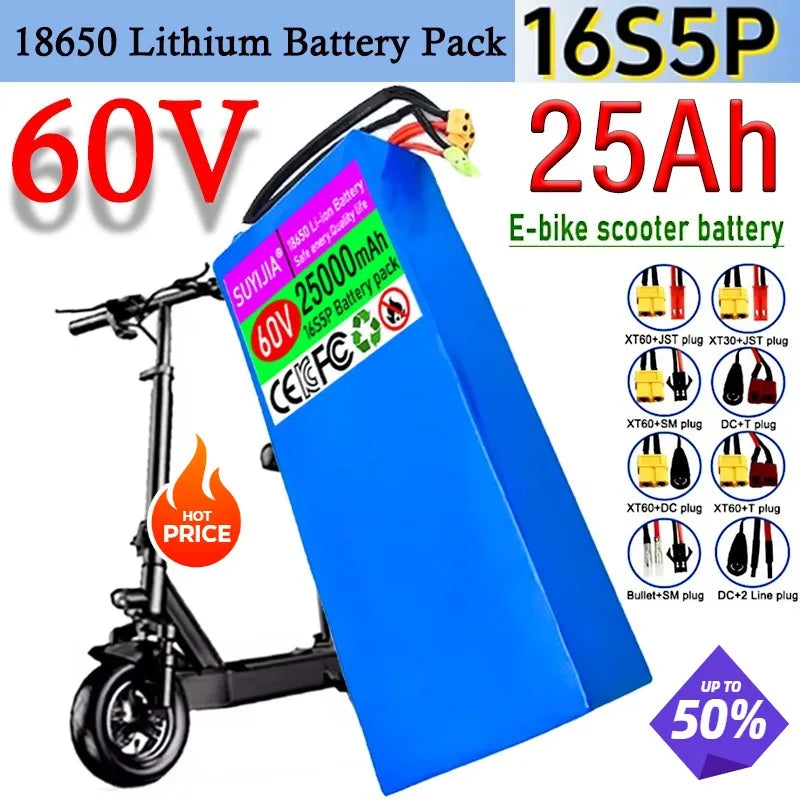 60V 16S5P Li-ion Battery 18650 25Ah Rechargeable Lithium Battery Pack 2000W High-power with BMS for Motorcycle, Scooter, Bicycle Zpaxo