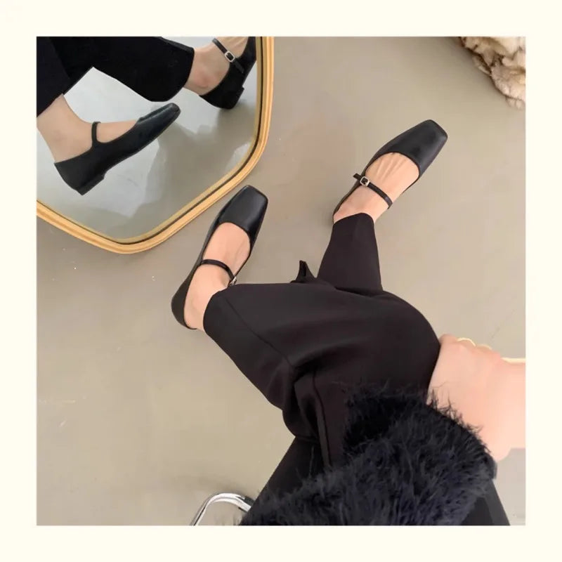 Flats Shoes for Women Spring Autumn Retro Square Toe Shallow Mouth Silver Shoe for Women New Flat Mary Jane Shoes Zpaxo Black 40