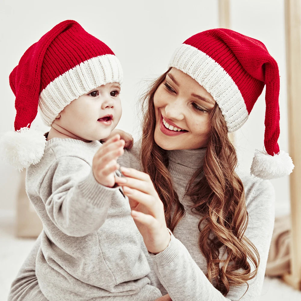 Christmas Knitted Hat Adult Kids Cute Pompom Soft Beanie Santa Year