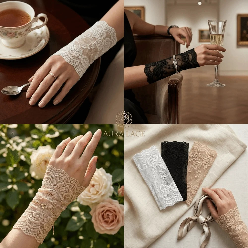 Embroidered Lace Detachable Fake Sleeves Hollow Out Mesh Lace Fake Sleeves Cuff Sun Protection Elastic Wrist Cuffs Cosplay Party Zpaxo