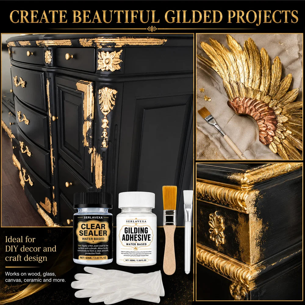 SIKEZHAN Gold Leaf Adhesive & Clear Sealer Kit, Gilding Glue for Wood & DIY Art, Crystal Finish, Brushes Gloves Kit, 105ml 60ml Zpaxo