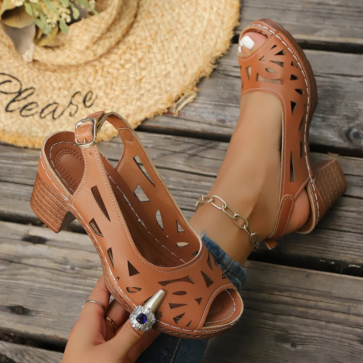 Women High Heel Sandals Summer New High Heels Sandals Retro Leather Shoes Ladies Fashion Casual Platform Shoes Sandalias Mujer Zpaxo Brown 43