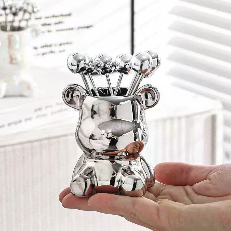 Stainless Steel Dessert Forks Storage Jar Cute Bear Utensils Party Zpaxo