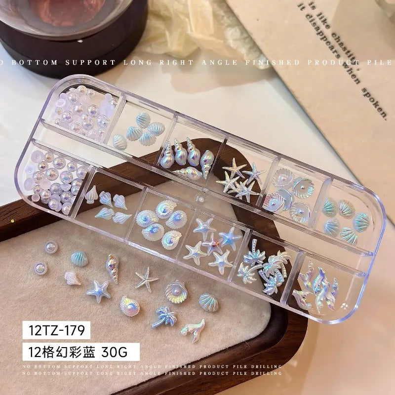 Mixed Summer Aurora Shell Nail Rhinestone Ocean Theme Starfish Coconut Tree Resin Nail Charm Decoration DIY Manicure Accessories Zpaxo C-12 Grids