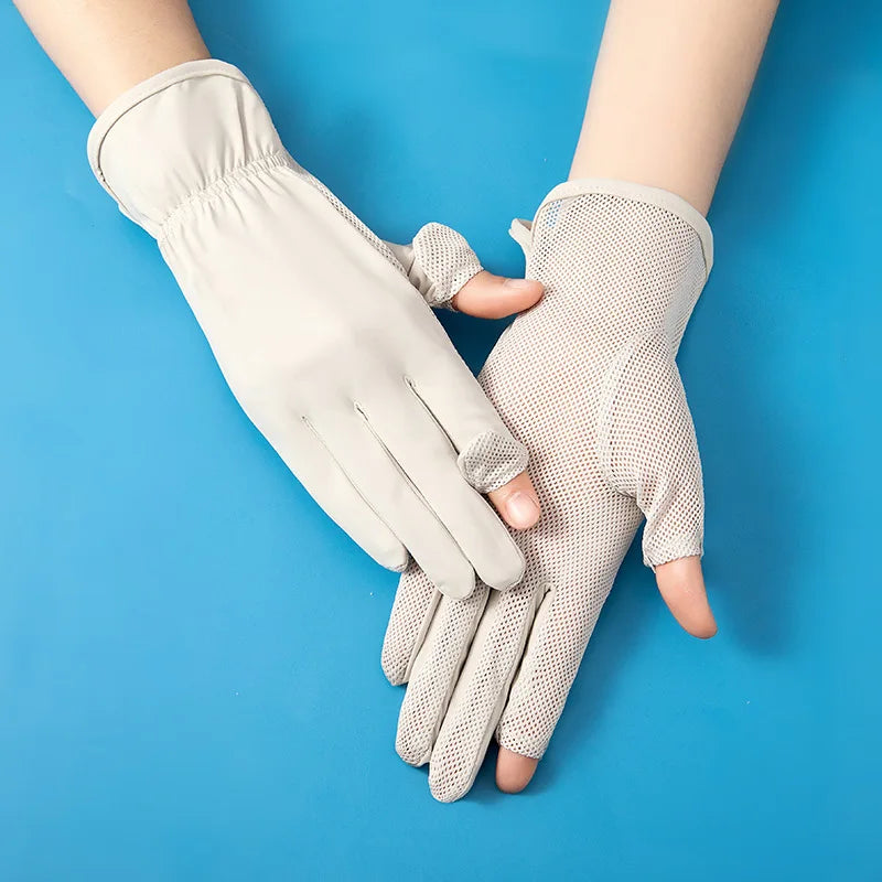Summer sun protection gloves women's flip open finger outdoor electric bike mesh breathable UV resistant thin ice silk gloves Zpaxo khaki glove