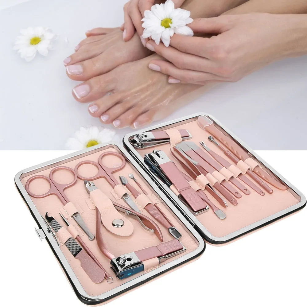 18PCS Stainless Steel Nail Clippers Set Rose Gold PU Leather Case Nail Art Tool Set Portable Cuticle Clippers Kit Zpaxo