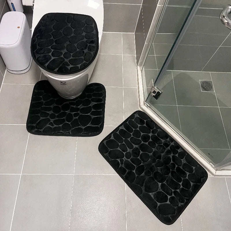 3PCS Solid Color Simple Bathroom Water-absorbing and Non-slip Floor Mat Stone Pattern, Comfortable and Soft, Three-piece Set Zpaxo BLACK Three piece set