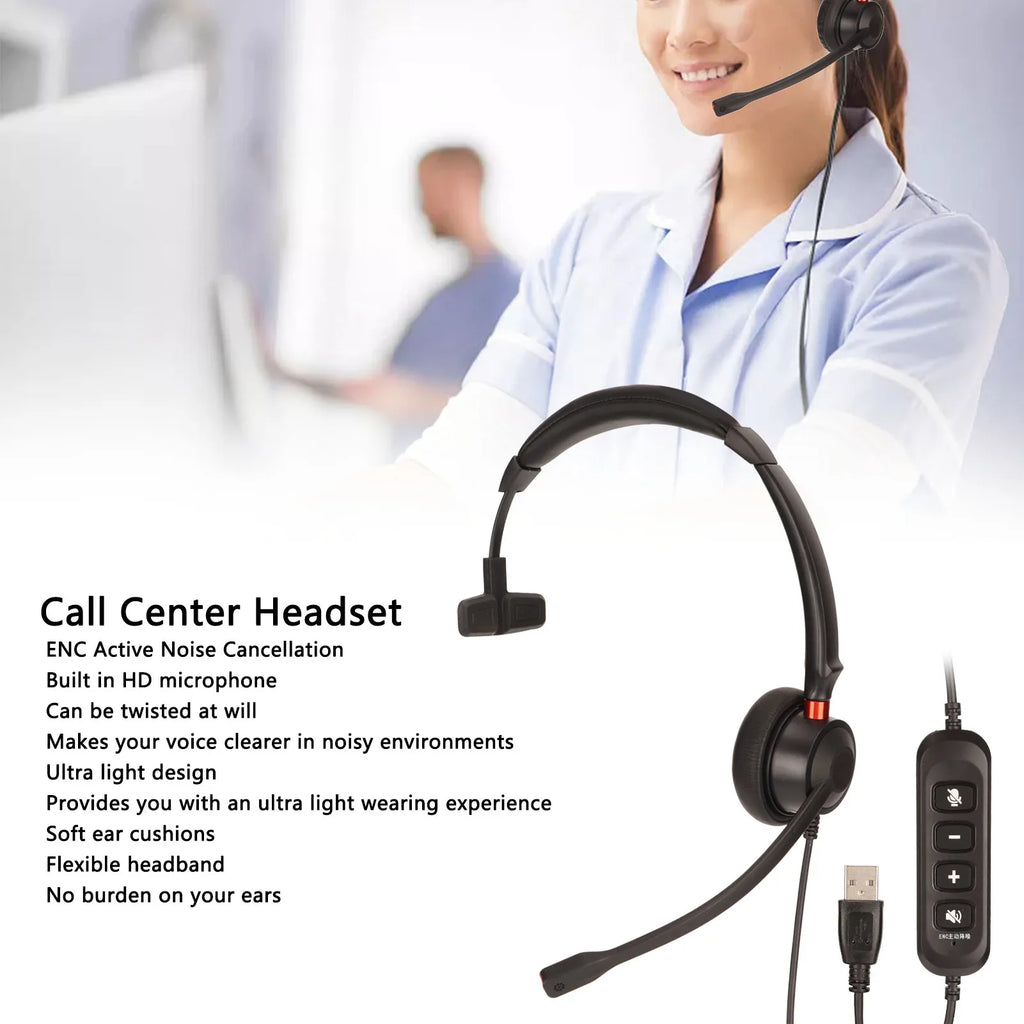 Call Center Headset ENC Active Noise Cancellation USB Business Single