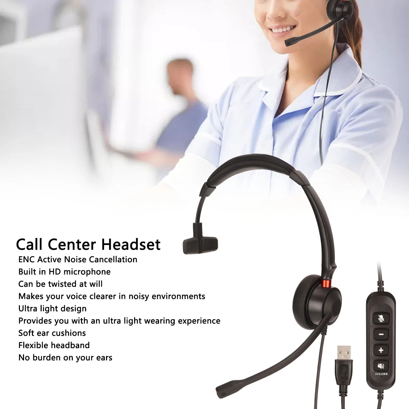 Call Center Headset ENC Active Noise Cancellation USB Business Single