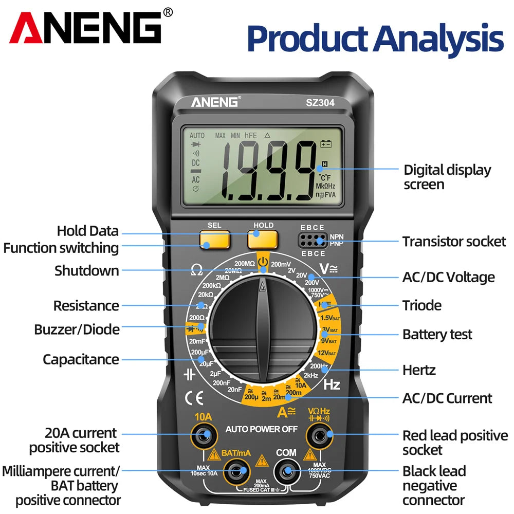 Multifunction Digital Tester Multimete ANENG SZ304 True RMS Handheld