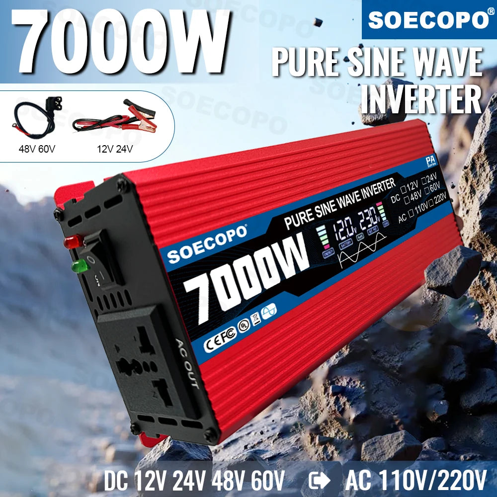 Pure Sine Wave Inverter 7000W Current Inverter 12/24/48/60V To 110V/220V Solar Compatible Home Camping Solar Inverter 12V 220V Zpaxo