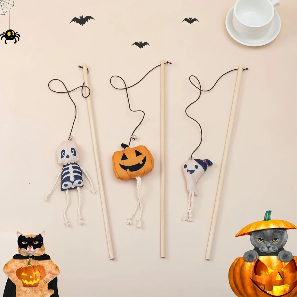 Halloween Cat Teasing Stick Toy Cute Pumpkin Bell Interactive Kitten