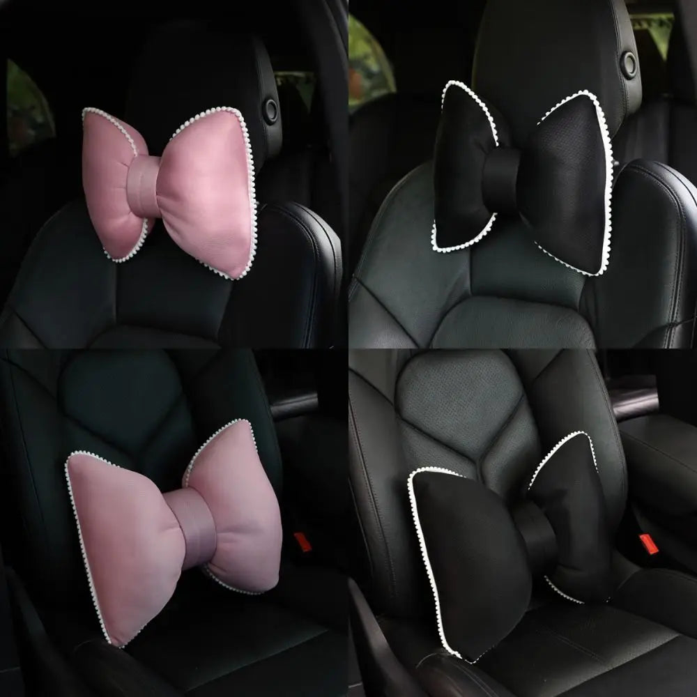 Bow Car Headrest Neck Pillow Pink Black Universal Breathable Zpaxo