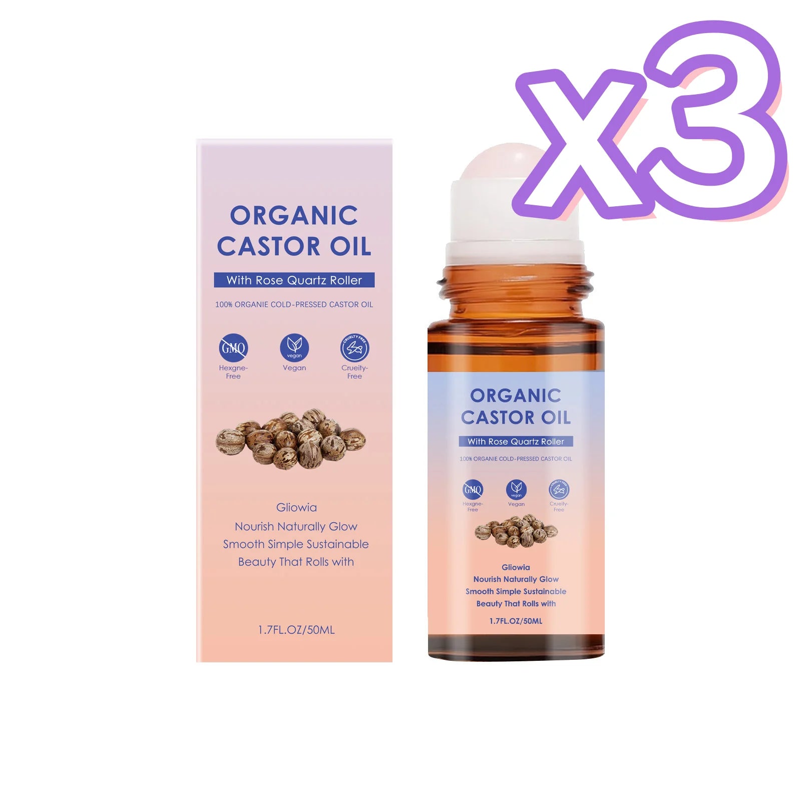 Organic Castor Oil Rose Quartz Roller Ball – 50ml Castor Oil Roller Zpaxo 50ml Boxed x 3pcs