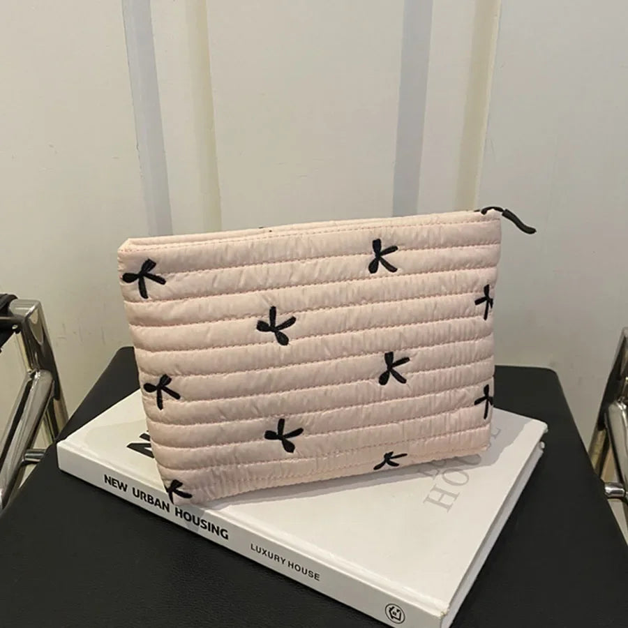 Cute Makeup Bag with Zipper Large Capacity Cosmetic Bag Embroidery Bow Wash Storage Bag Zpaxo Pink