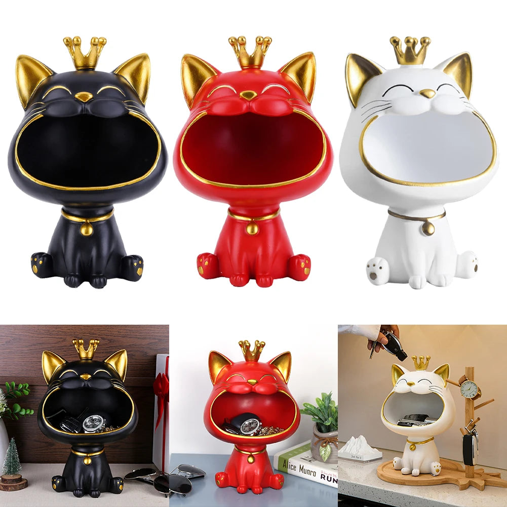 Cat Figurine Storage Box Creative Lucky Cat Statue Decoration Cute Big Mouths Cat Statue Desktop Storage Accessories Zpaxo