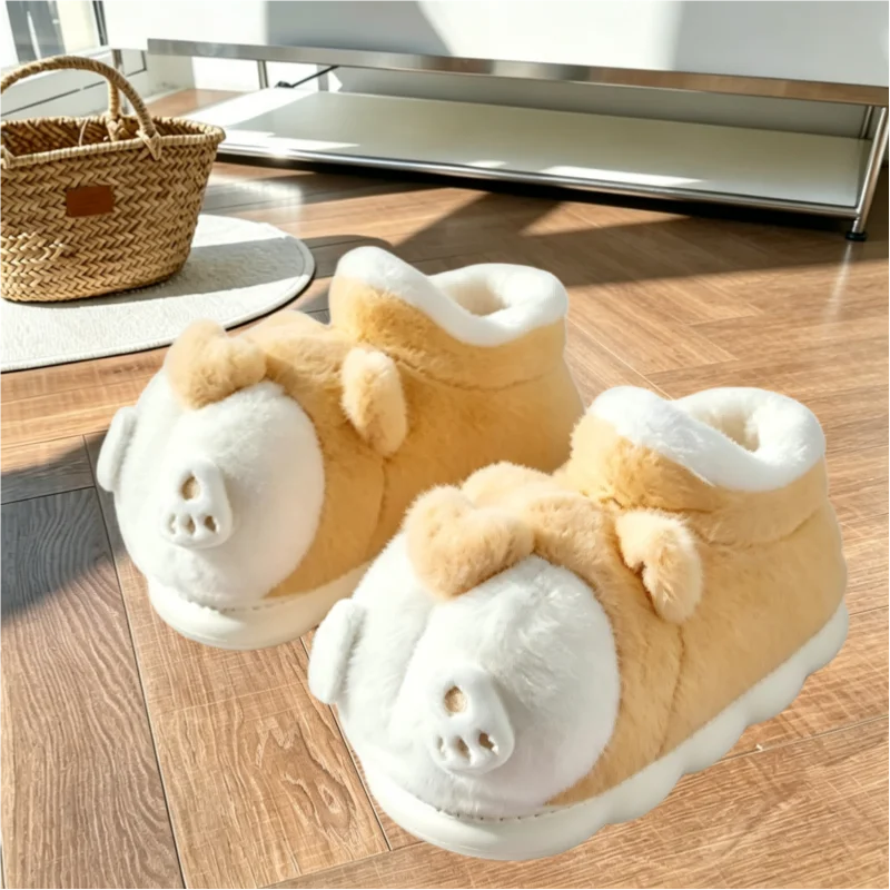 SHAJI Winter Warm Fleece Slippers Women Cute Corgi Closed Back Cotton