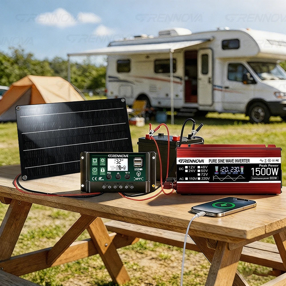 1500W Complete Solar Kit 12V To 110V/220V Pure Sine Inverter 60A MPPT Controller True Power Guarantee For RV/Boat/Farm/Van Life Zpaxo