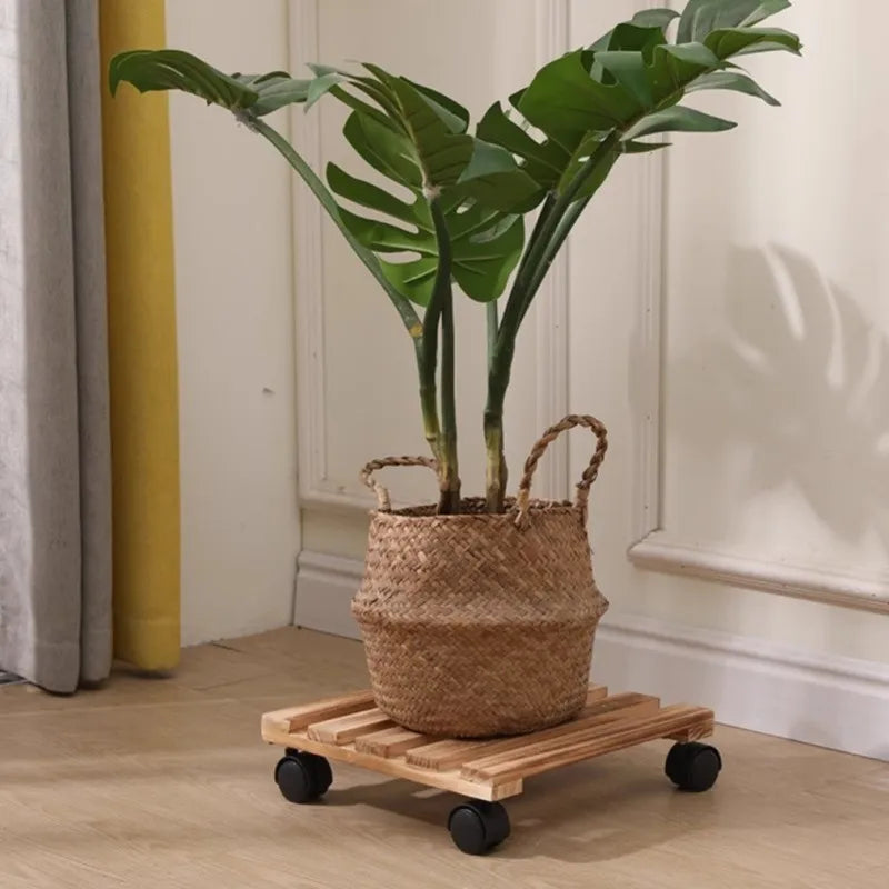 Solid Wood Planter Tray Potted Stand Rack Bonsai Round Wheel