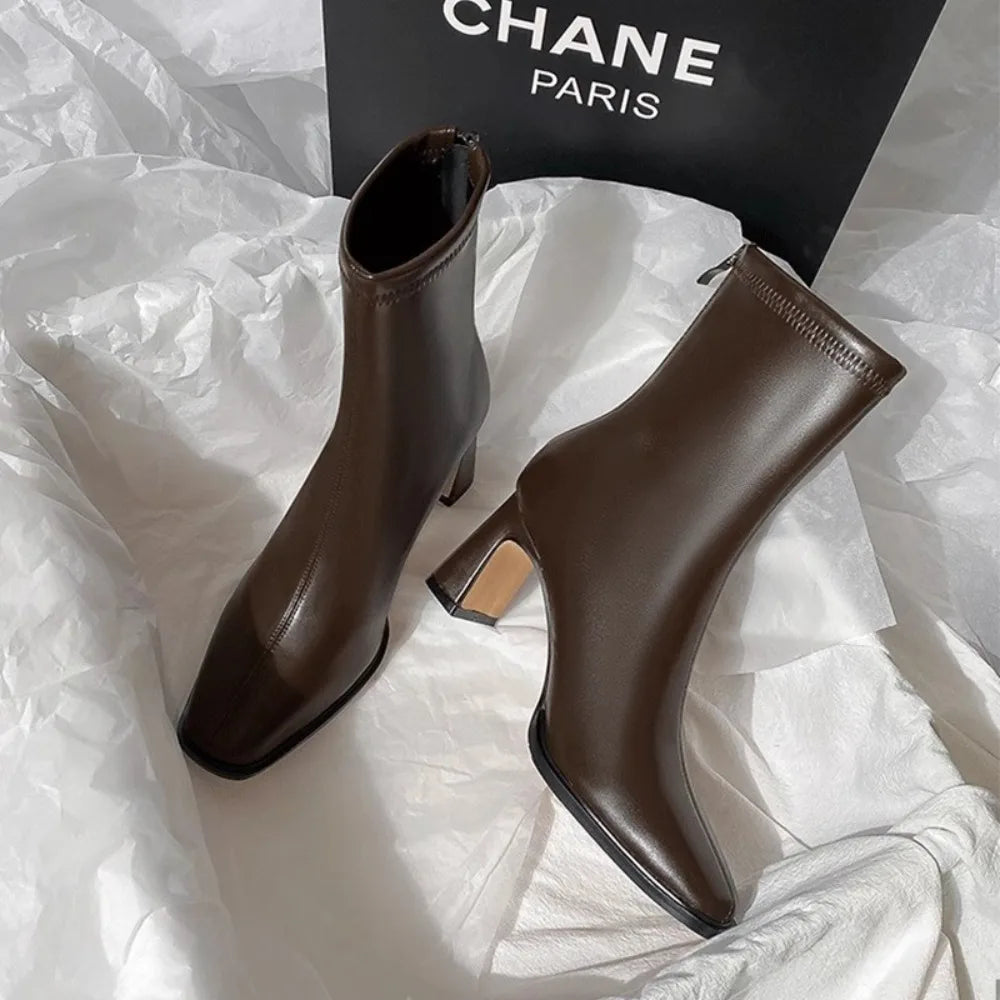 Vintage Warm Cotton Women Ankle Boots Fashion Elegant Square Toe