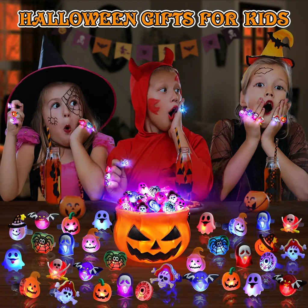 20 Halloween LED Light Up Rings Toys Horror Pumpkin Ghost Spider Glow